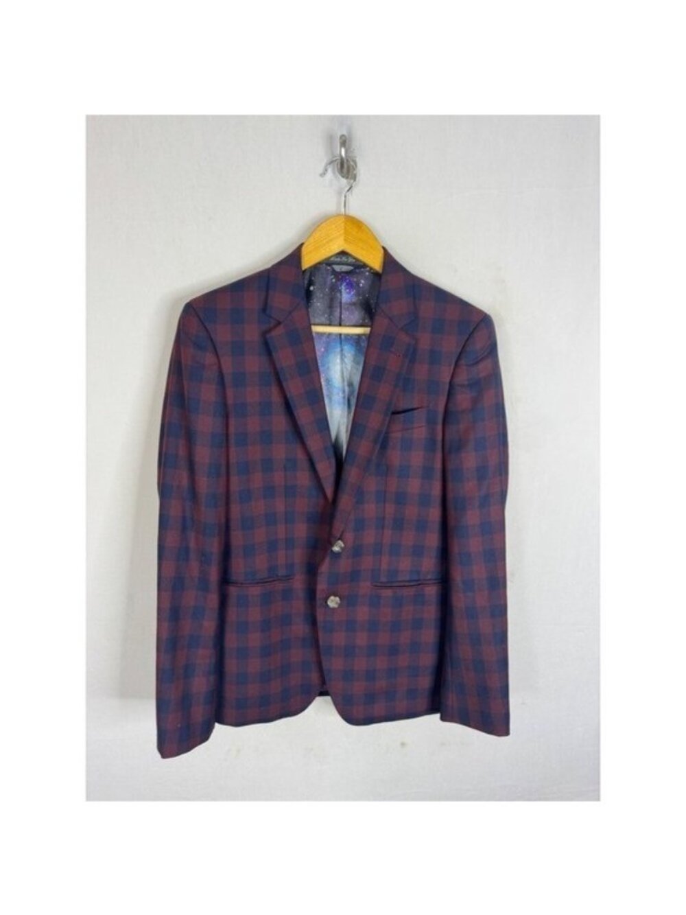 Indochino Mens Wool Gingham Blazer Galaxy Space Lining Burgundy Navy Men 36R